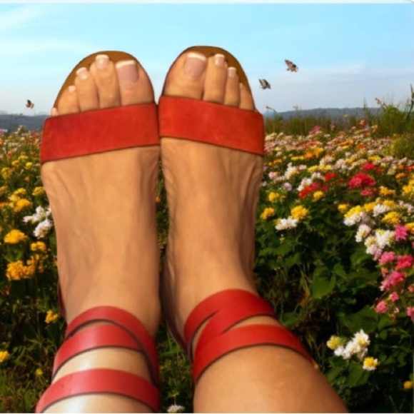 Gucci Authentic 7 US 37 EU Red Orange Leather GG Marmont Sandals Shoes Heels - Picture 14 of 14